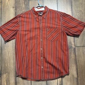 REI Shirt Large Red Striped Organic Cotton Button Up Short Sleeve Mens